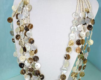 Vintage Shell sequin 5 strand necklace, PetesNeatOldStuff, collectible costume jewelry, handmade strung multistrand mother of pearl necklace