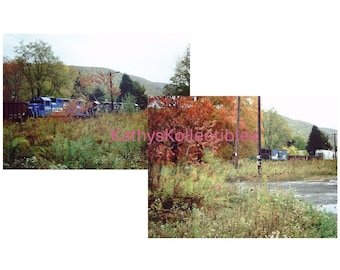 1980 Lotto di 2 diapositive Ektachrome da 35 mm raffiguranti la locomotiva Conrail n. 3154, vagone merci, in un paesaggio autunnale.