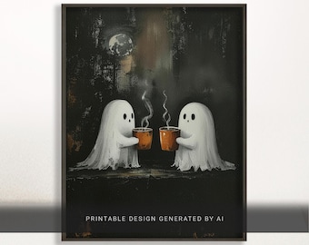 Halloween Ghost Coffee Print, Spooky Cute Ghost Printable Wall Decor, Fall Autumn Aesthetic Digital Download