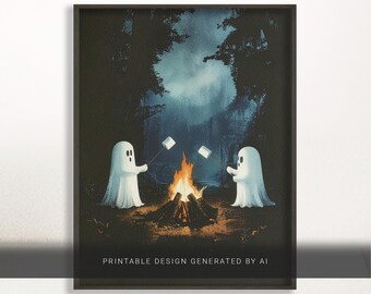 Campfire Ghost Art Print, Cute Halloween Forest Scene, Spooky Cozy Printable Wall Decor Digital Download