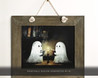 Ghosts Reading Books Bookish Art Print, Cozy Halloween Library Scene, Spooky Cute Printable Wall Decor Digital Download