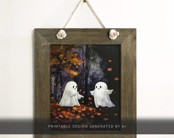 Cute Autumn Ghost Art Print, Fall Forest Ghosts, Spooky Cute Halloween Printable Wall Decor