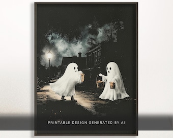 Trick‑or‑Treat Ghost Art Print, Cute Halloween Street Scene, Spooky Cozy Printable Wall Decor Digital Download