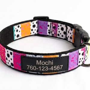 May include: A pet collar featuring a vibrant, multi-colored pattern of paint splatters, polka dots, and vertical stripes in pink, orange, purple, and black. It includes a black plastic buckle, a metal D-ring, and a black tag engraved with Mochi 760-123-4567.