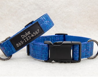 Blue Dog Collar / Custom with Faux Leather Name Tag / Cotton Fabric with Nylon Webbing / Strong Buckle