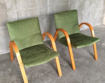 Mid Century French Bentwood Lounge Chairs By Hugues Steiner, Set Of 2