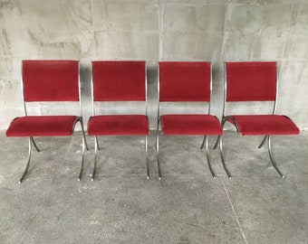 Set Of 4 Vintage Red Velour & Chrome Dining Chairs From Maison Jansen