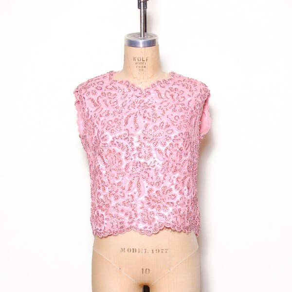 Vintage 50s lace top / pink soutache lace blouse / 50s sequin blouse / vintage trophy top / 60s evening blouse