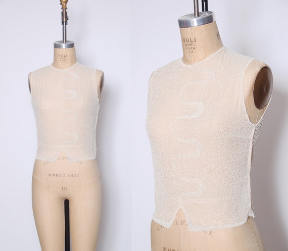 Vintage 30s beaded blouse / sheer cream chiffon to