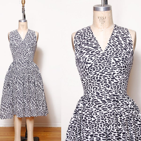 Vintage 50s leopard print romper / printed romper / animal print dress / pin up romper /  50s culottes