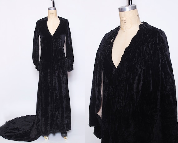 Vintage 1920s black velvet gown with train and cap