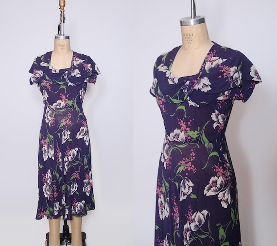 Vintage 1930s floral chiffon dress / 30s purple fl