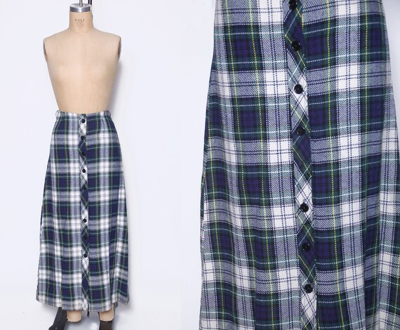 Vintage 60s wool plaid skirt / 1960s blue plaid ma