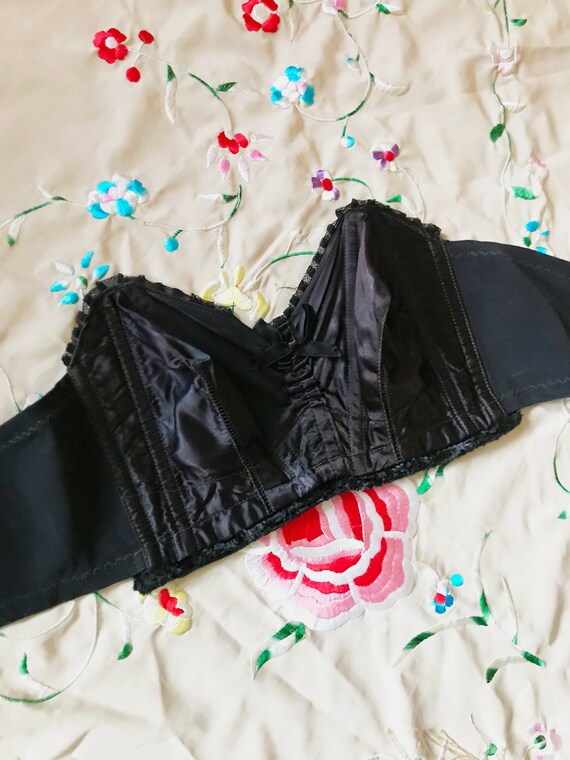 Vintage 40s strapless bra / black satin bone in b