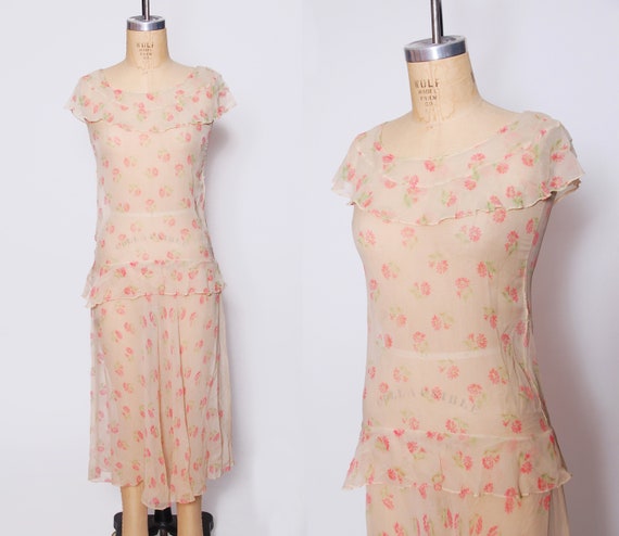 1920s sheer silk chiffon dress / floral chiffon fl