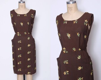Vintage 50s wiggle dress / mocha embroidered dress / 1950s linen dress / floral pin up dress