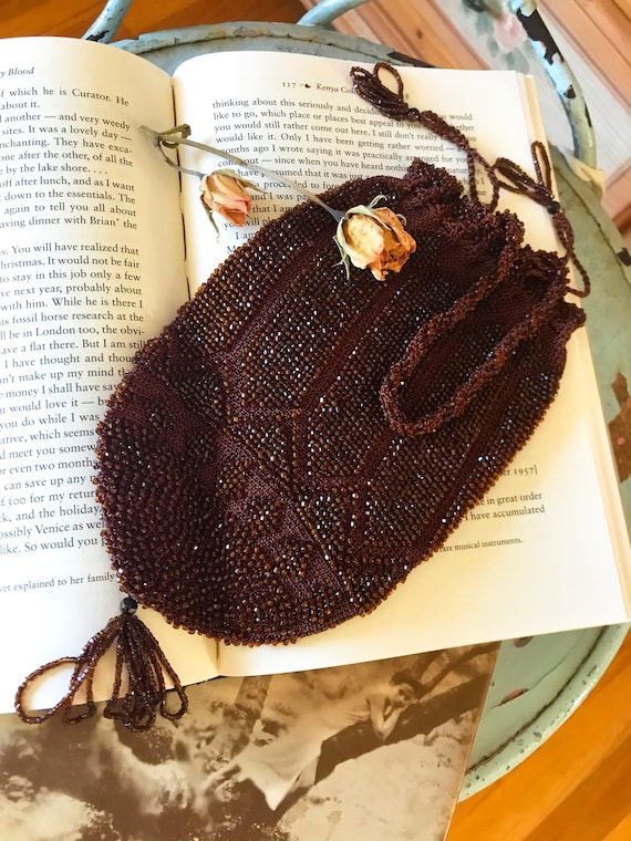 Victorian beaded bag / copper carnival bead bag /