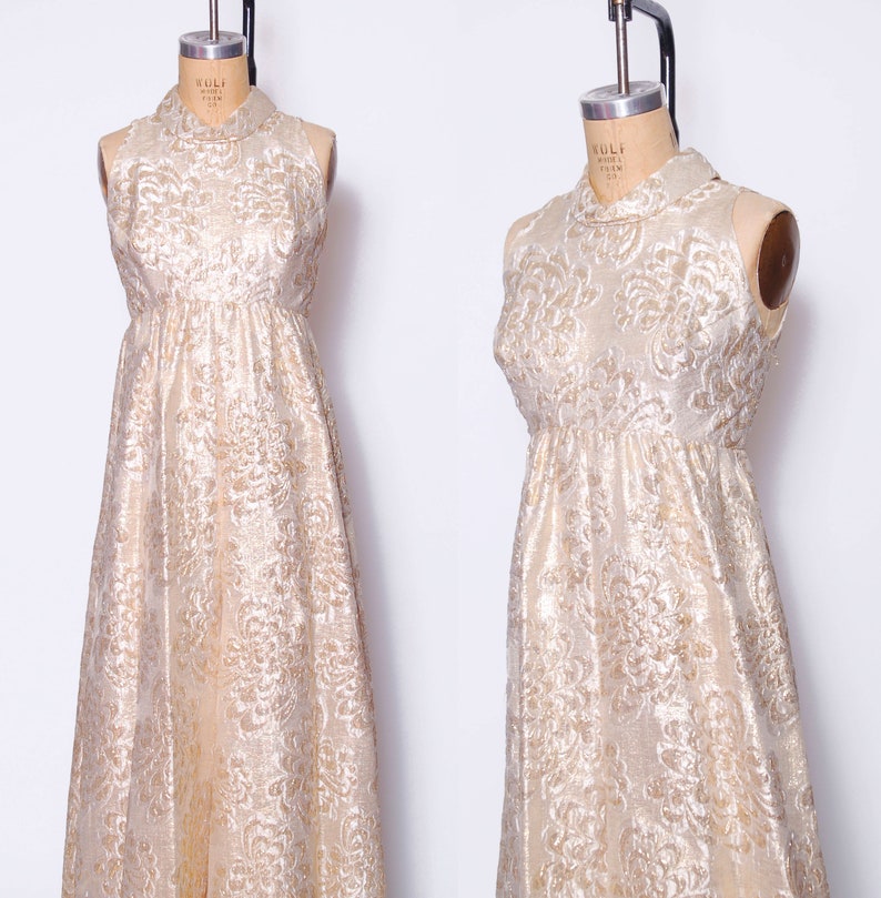 Vintage 60s gold lame/' jumpsuit 1960s gold brocade palazzo pants mod sleeveless jumpsuit NYE 60s brocade jumpsuit