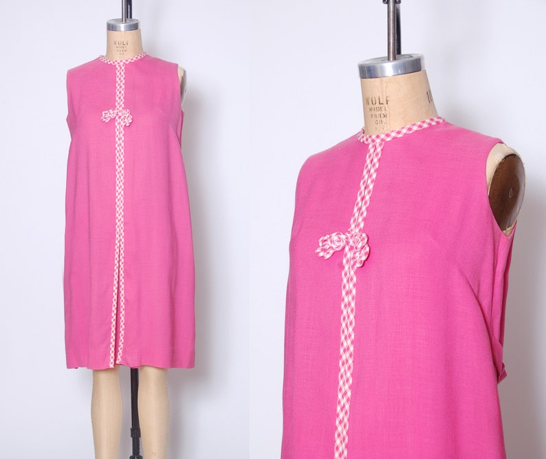 Vintage 60s pink gingham dress 1960s shift dress sleeveless linen dress vintage summer dress