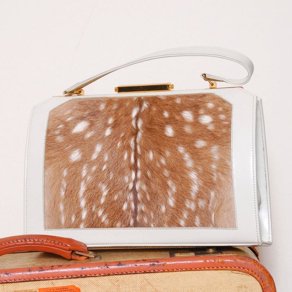 Vintage 50s fur & leather handbag / white leather purse / 50s lambskin leather bag / slink skin purse with matching change purse
