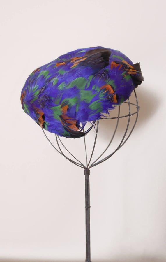 Vintage 50s feather hat / blue feather hat / feath