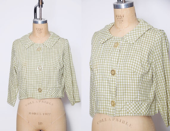 Vintage 50s green gingham jacket / 1950s light cro