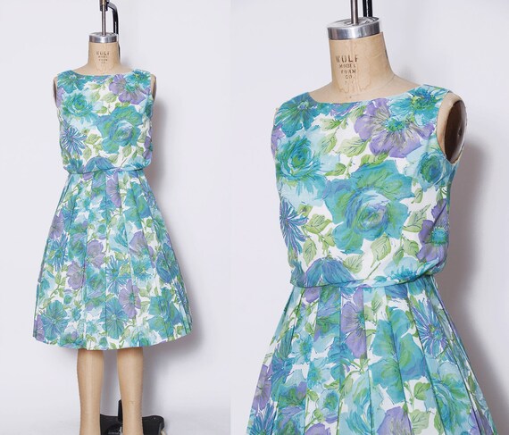 Vintage 50s aqua floral dress / pleated sundress /