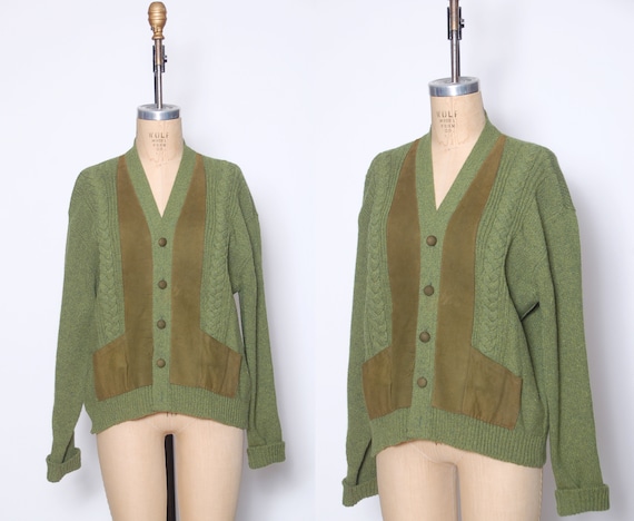 Vintage 50s men's wool sweater / 1950s green cable