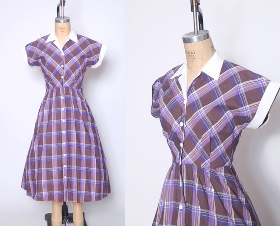Vintage 50s plaid day dress / fit and flare dress