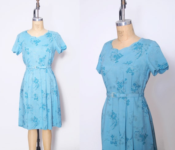 1950s blue floral linen dress / printed Moygashel