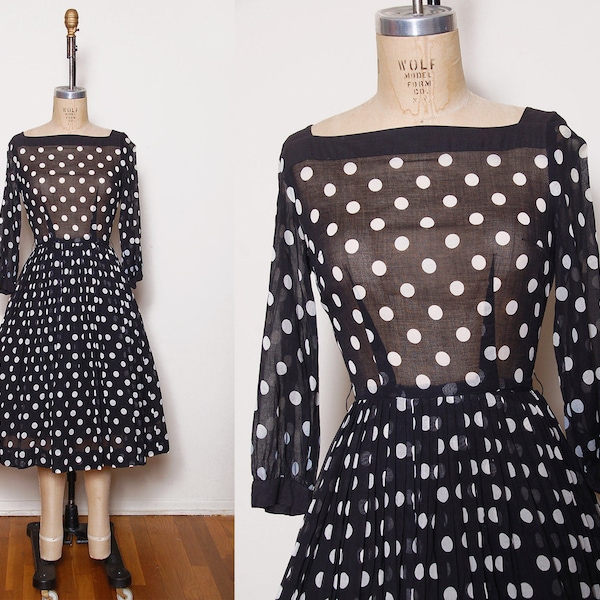 Vintage 50s polka dot dress / black and white Lucy dress / fit and flare dress / sheer pin up dress / Nancy Greer dress