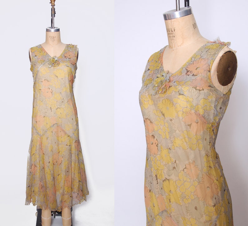 1920s silk chiffon dress floral chiffon flapper dress bias cut sleeveless dress Gatsby Roaring Twenties dress 1920s dress