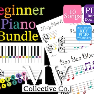 Puede incluir: Paquete de piano para principiantes con 10 canciones PDF imprimibles, incluyendo "Mary Had a Little Lamb" y "Baa Baa Black Sheep". El paquete incluye teclas de piano imprimibles y archivos SVG, PNG y EPS.