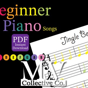 Könnte beinhalten: Anfänger-Klavierlieder PDF Sofort-Download Notenblatt für das Lied "Jingle Bells" mit bunten Noten auf weißem Hintergrund. Die Noten stammen von My Collective Co.