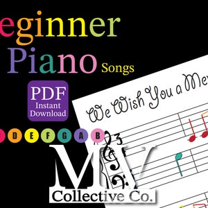 Puede incluir: Descarga digital de "Beginner Piano Songs" con el texto "PDF Descarga instantánea". La imagen presenta una partitura musical con notas coloridas y la frase "We Wish You a Merry Christmas". El fondo es negro.