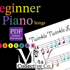 以下が含まれることがあります： カラフルなテキストで「Beginner Piano Songs」という言葉が入ったデジタルダウンロードグラフィック。 「Twinkle Twinkle Little Star」という言葉が入った楽譜が見えます。 画像には「PDF Instant Download」というテキストも含まれています。