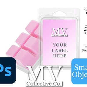 May include: A package of pink wax melts with a clear plastic casing. The label reads "MV Collective Co." with the text "Your Label Here." Additional text includes "Change Label," "Change Wax Melt Colour," and "Change Background."