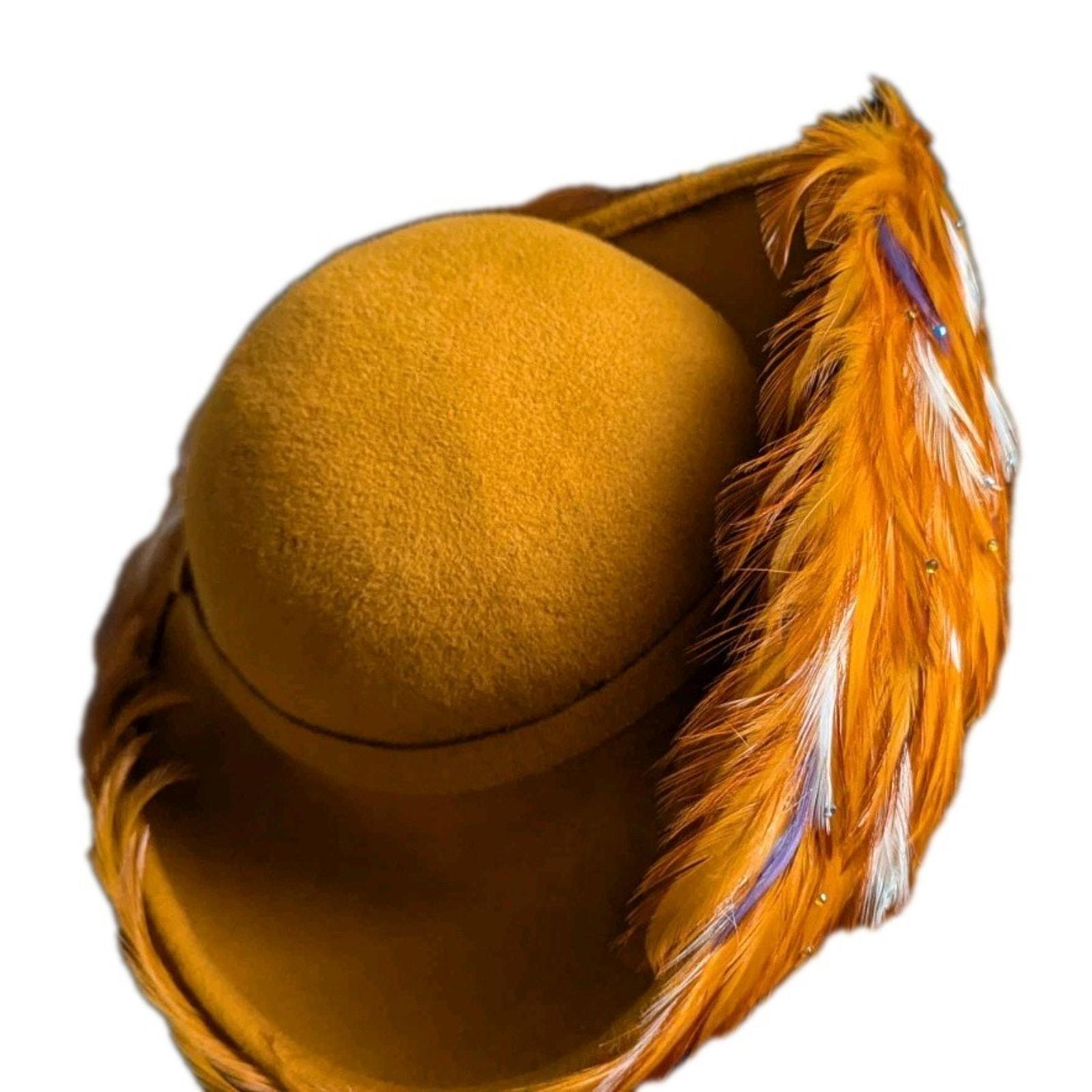 George Zamaul Couture Ladies Orange Felt Hat Feathers 