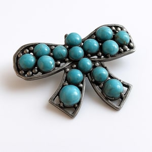 Vtg Sterling Silver Turquoise Cabochon Bow Brooch Handcrafted Pin Boho Ribbon