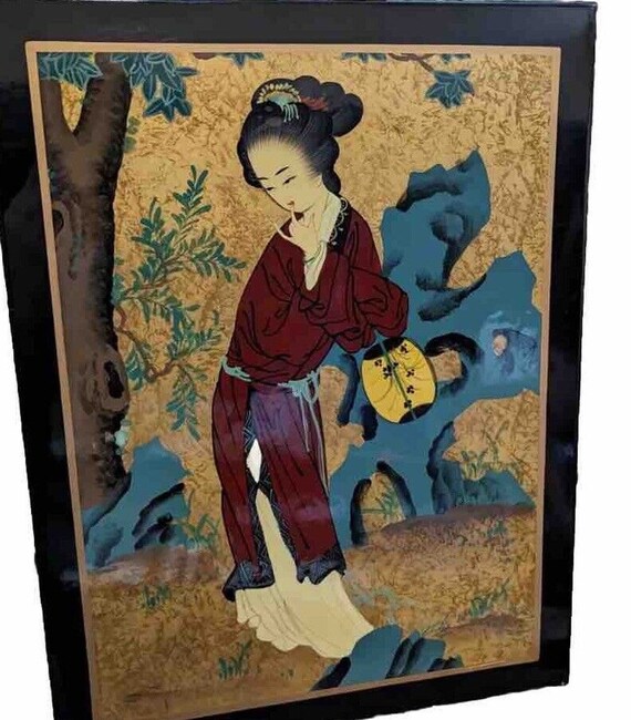 アンティーク　絵画 Vintage Japanese Hand Painted Lacquer Wood Panel Geisha Gold
