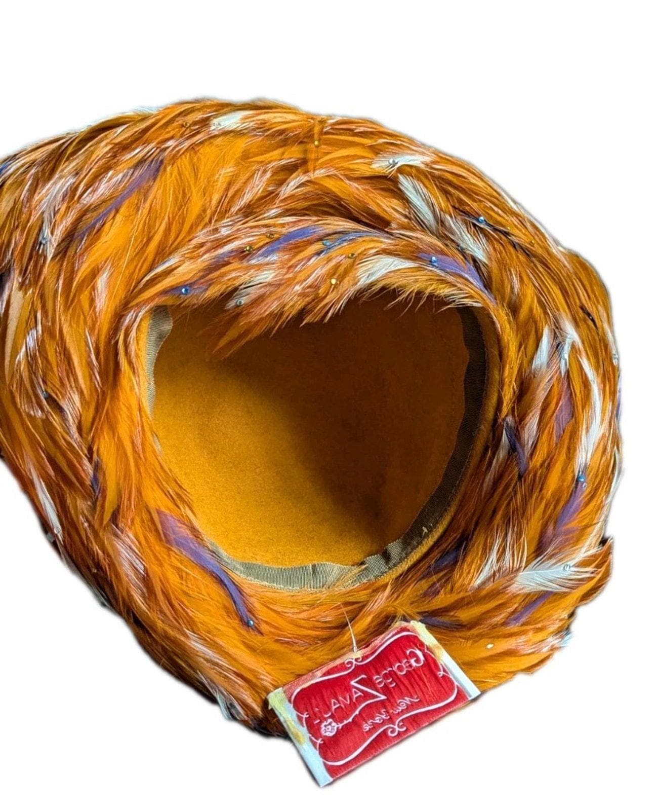 George Zamaul Couture Ladies Orange Felt Hat Feathers 