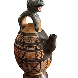 Vtg Peruvian Cusco Art Pottery Chicha Jug Vase Jaguar Vessel inca Peru Pitcher
