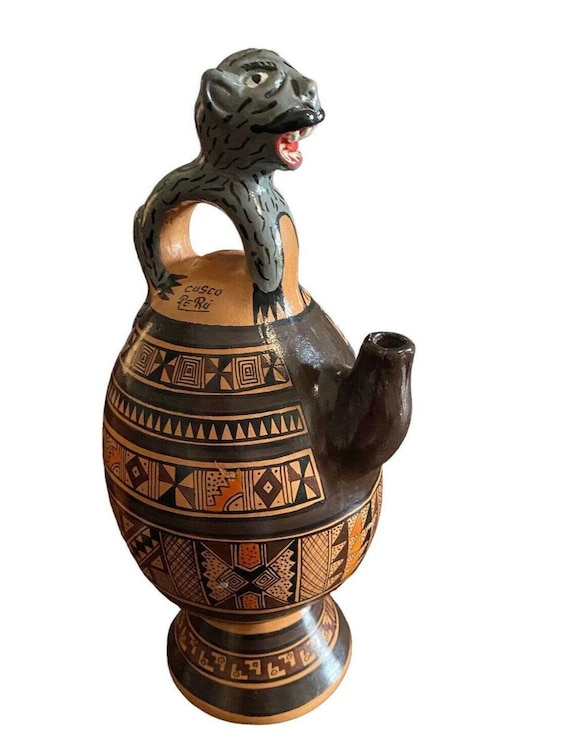 工芸品 Peruvian Quenua harvest pottery Vtg Peruvian Cusco Art Pottery Chicha Jug Vase Jaguar Vessel Inca