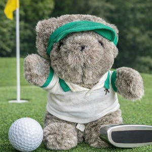 May include: A plush teddy bear dressed in a golf outfit, including a green visor and a white polo shirt with green trim. A golf ball and club are in front of the bear on a green golf course. The bear is waving.