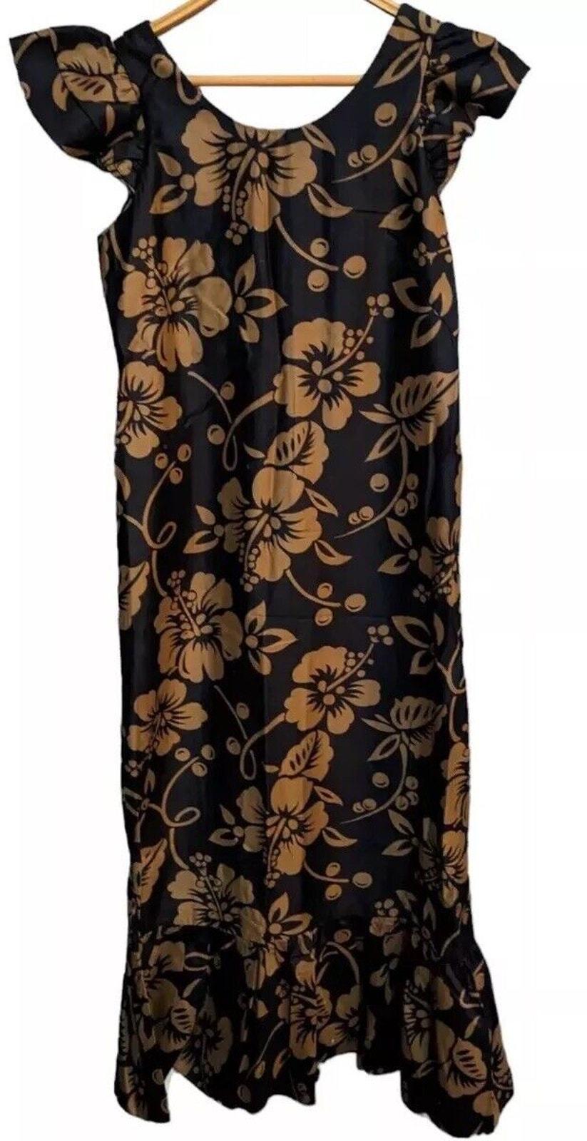 Vtg Budo Muu Muu Hawaiian Dress cotton maxi S M Black Tan Floral Women Ruffle