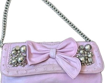 Betsey Johnson Y2K Leather Studded Baguette Purse Pink Silver Bow Chain Beaded