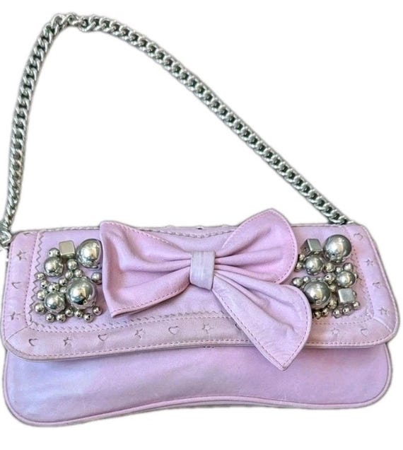 Betsey Johnson Y2K Leather Studded Baguette Purse Pink Silver Bow