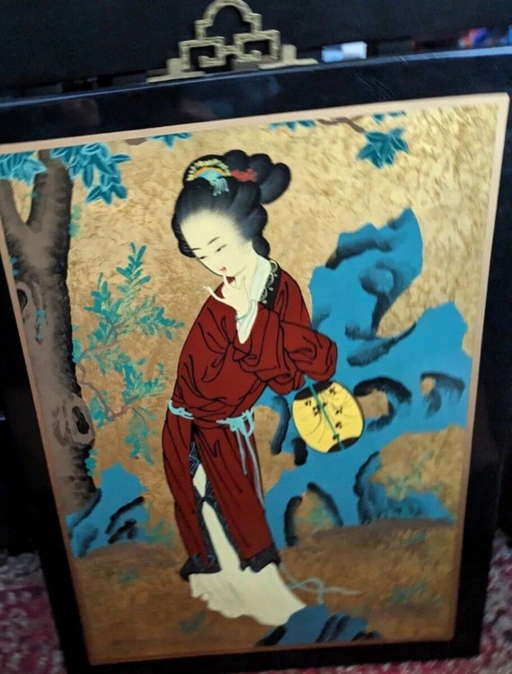 Vintage Japanese Hand Painted Lacquer Wood Panel Geisha Gold