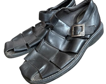 VtG Y2K Kenneth Cole Black Leather Fisherman Sandals Mens 10 Chunky Woven Dad