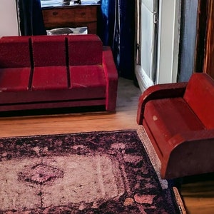 Vintage 1930s Strombecker Dollhouse Red Sofa Chair Furniture Living Room Set